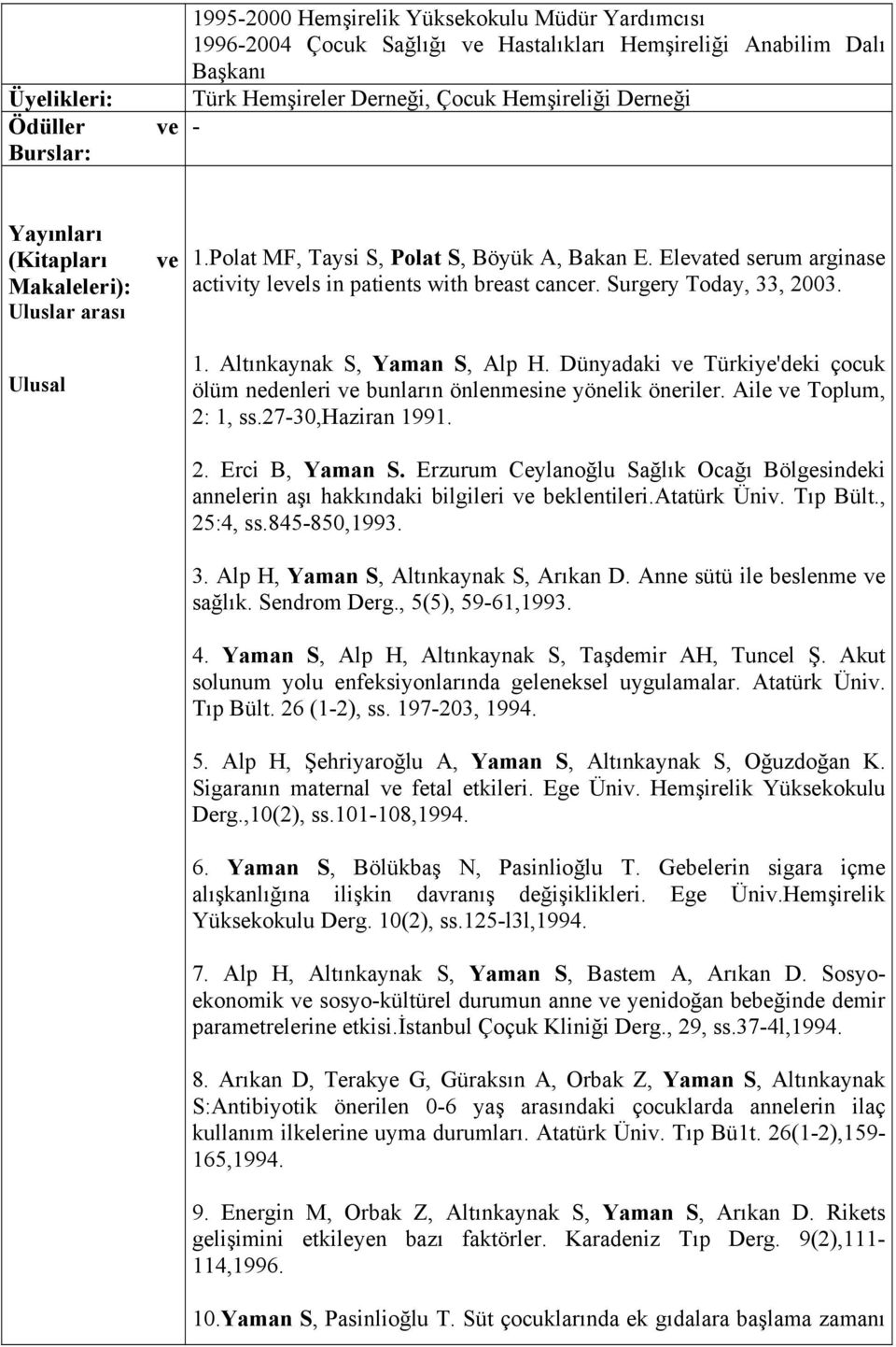 Surgery Today, 33, 2003. 1. Altınkaynak S, Yaman S, Alp H. Dünyadaki ve Türkiye'deki çocuk ölüm nedenleri ve bunların önlenmesine yönelik öneriler. Aile ve Toplum, 2: 1, ss.27-30,haziran 1991. 2. Erci B, Yaman S.