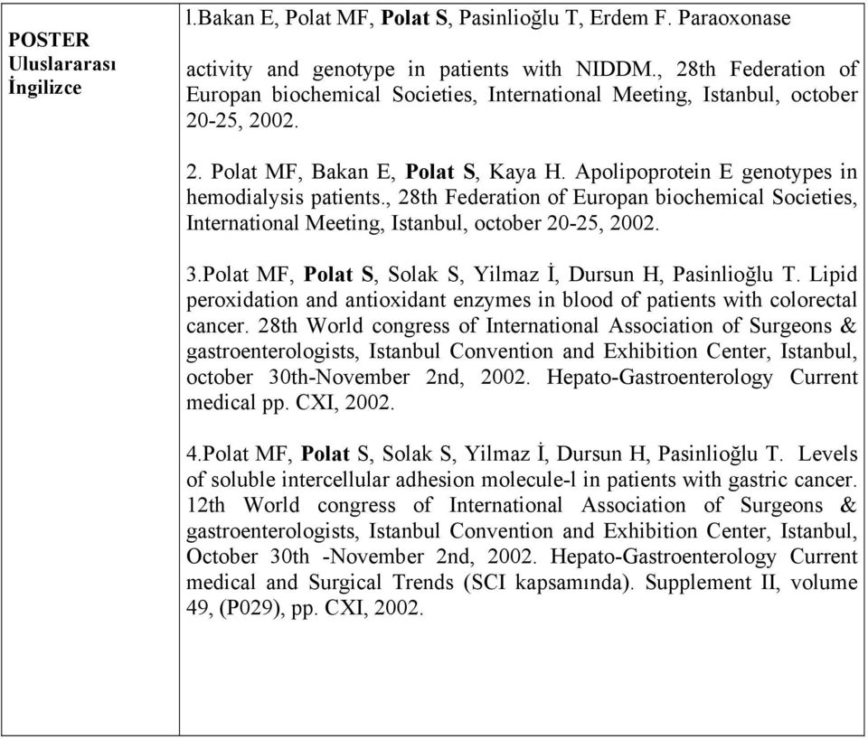 , 28th Federation of Europan biochemical Societies, International Meeting, Istanbul, october 20-25, 2002. 3.Polat MF, Polat S, Solak S, Yilmaz İ, Dursun H, Pasinlioğlu T.