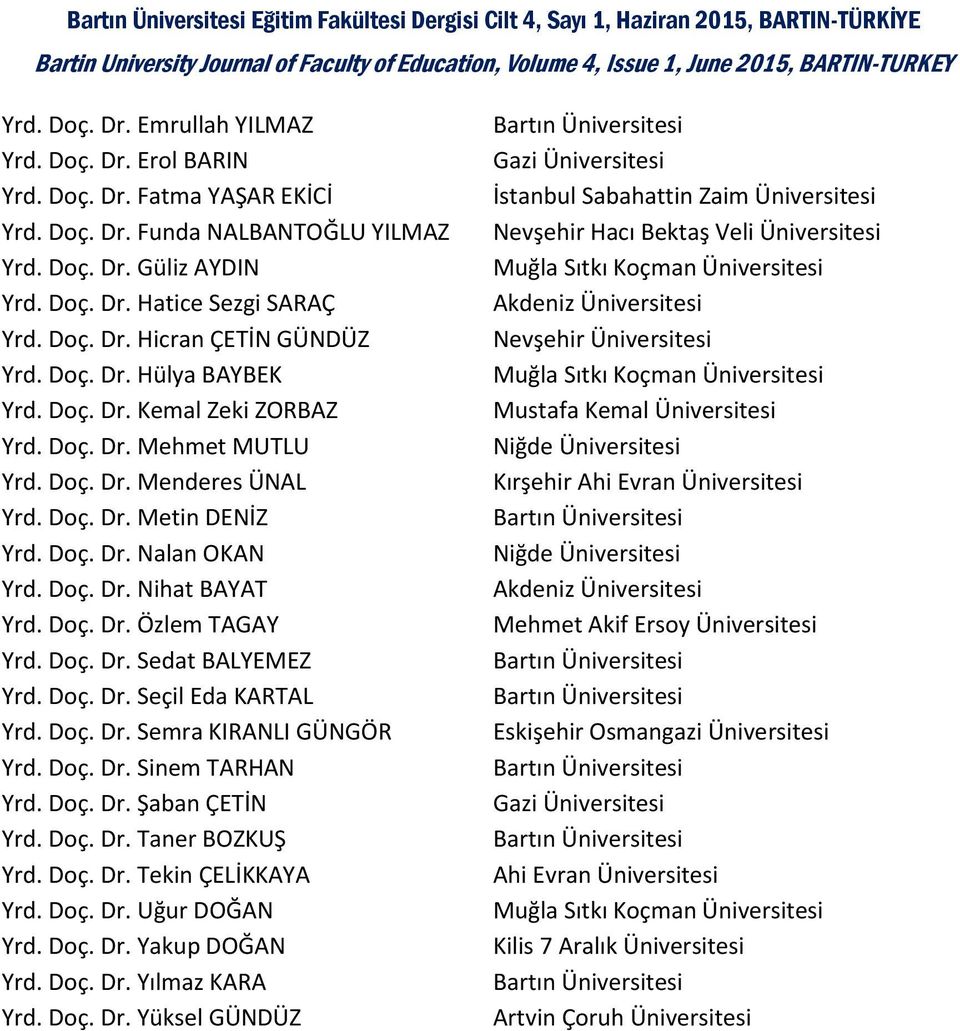 Doç. Dr. Kemal Zeki ZORBAZ Yrd. Doç. Dr. Mehmet MUTLU Yrd. Doç. Dr. Menderes ÜNAL Yrd. Doç. Dr. Metin DENİZ Yrd. Doç. Dr. Nalan OKAN Yrd. Doç. Dr. Nihat BAYAT Yrd. Doç. Dr. Özlem TAGAY Yrd. Doç. Dr. Sedat BALYEMEZ Yrd.