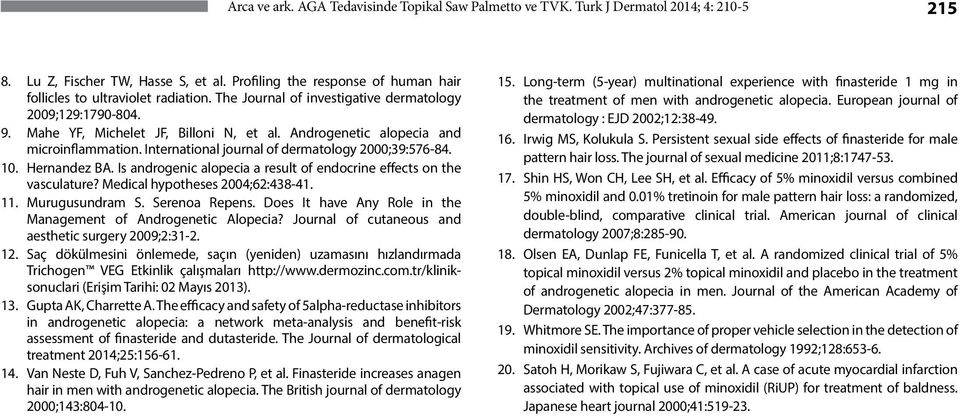 Androgenetic alopecia and microinflammation. International journal of dermatology 2000;39:576-84. 10. Hernandez BA. Is androgenic alopecia a result of endocrine effects on the vasculature?