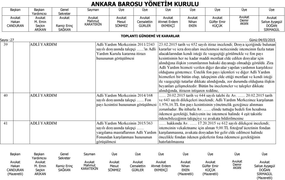 .. Fon payı kesintisi hususunun görüşülmesi 41 ADLİ YARDIM Adli Yardım Merkezinin 2015/363 sayılı dosyasında talepçi.