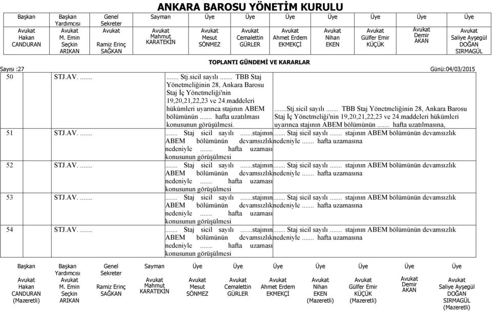 maddeleri hükümleri uyarınca stajının ABEM bölümünün... hafta uzatılmasına,... Staj sicil sayılı... stajının ABEM bölümünün devamsızlık nedeniyle... hafta uzamasına 51 STJ.AV....... Staj sicil sayılı...stajının ABEM bölümünün devamsızlık nedeniyle... hafta uzaması konusunun görüşülmesi 52 STJ.