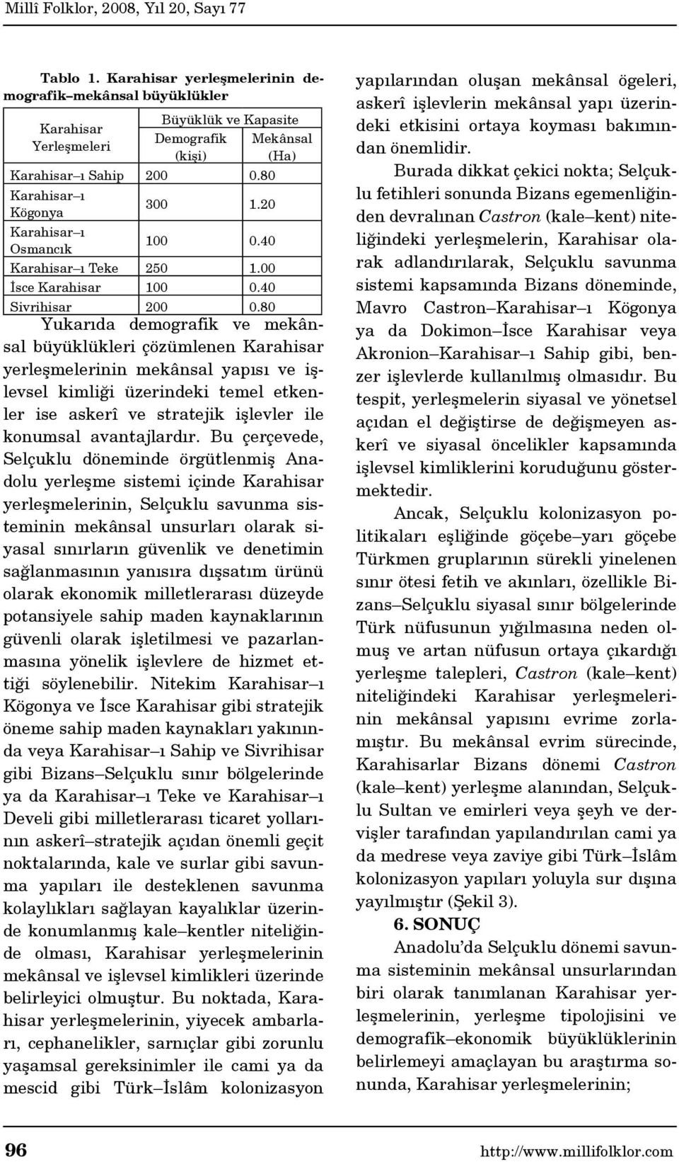 80 Yukarıda demografik ve mekânsal büyüklükleri çözümlenen Karahisar yerleşmelerinin mekânsal yapısı ve işlevsel kimliği üzerindeki temel etkenler ise askerî ve stratejik işlevler ile konumsal