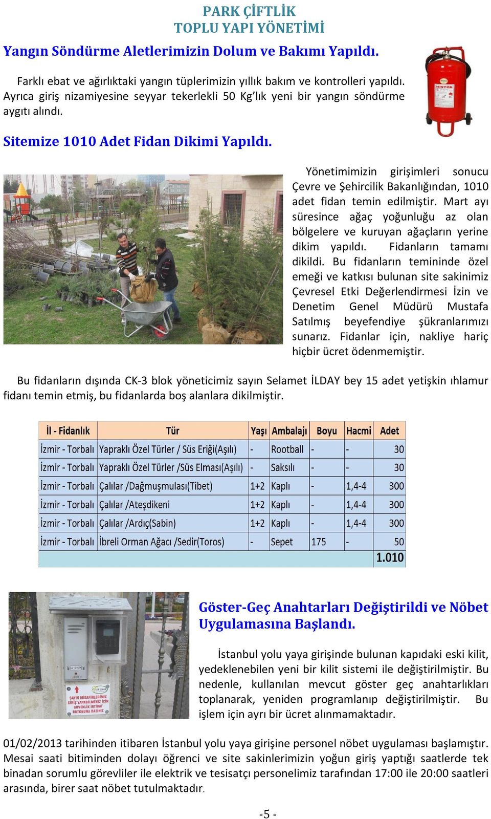 Yönetimimizin girişimleri sonucu Çevre ve Şehircilik Bakanlığından, 1010 adet fidan temin edilmiştir. Mart ayı süresince ağaç yoğunluğu az olan bölgelere ve kuruyan ağaçların yerine dikim yapıldı.