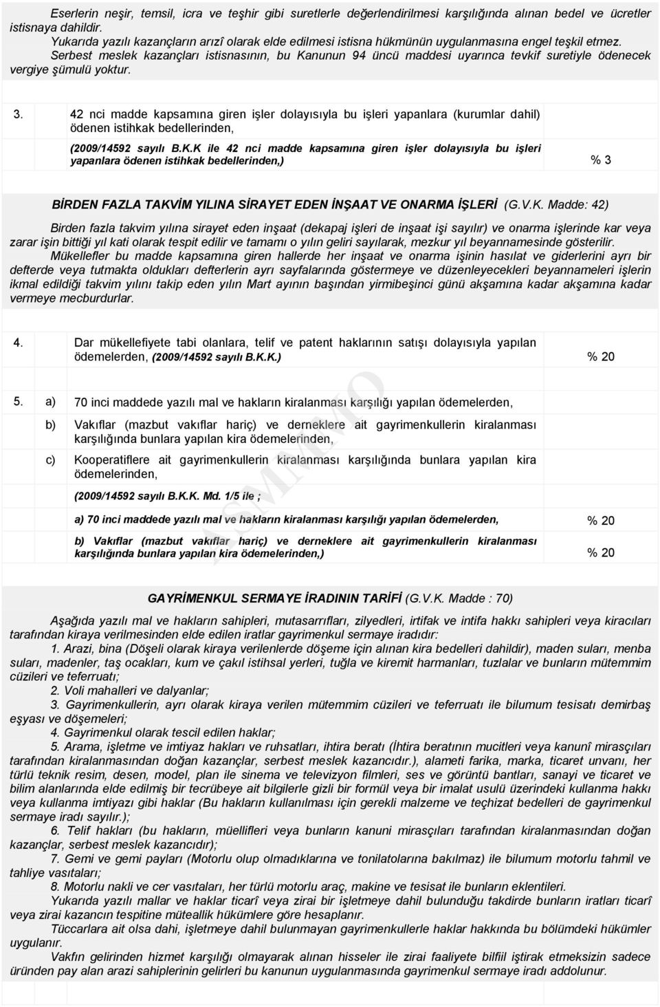 Serbest meslek kazançları istisnasının, bu Kanunun 94 üncü maddesi uyarınca tevkif suretiyle ödenecek vergiye şümulü yoktur. 3.