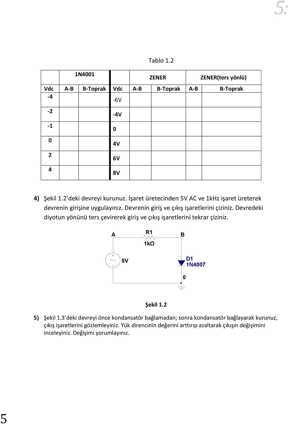 Devredeki diyotun yönünü ters çevirerek giriş ve çıkış işaretlerini tekrar çiziniz. A R1 1kΩ B 5V D1 1N47 Şekil 1.2 5) Şekil 1.