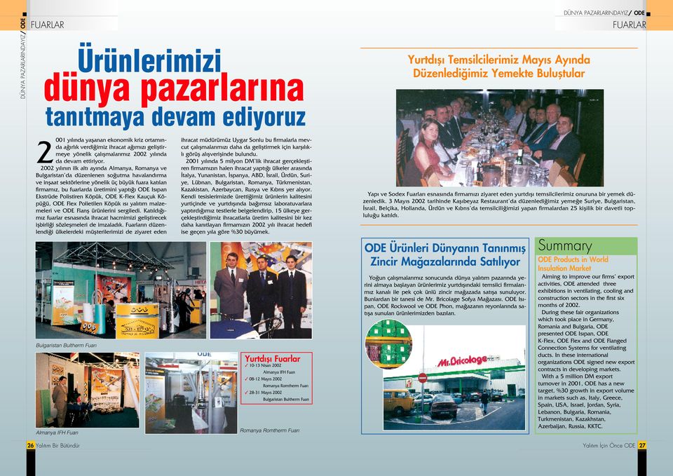 2002 y l n n ilk alt ay nda Almanya, Romanya ve Bulgaristan da düzenlenen so utma havaland rma ve inflaat sektörlerine yönelik üç büyük fuara kat lan firmam z, bu fuarlarda üretimini yapt ODE Is pan