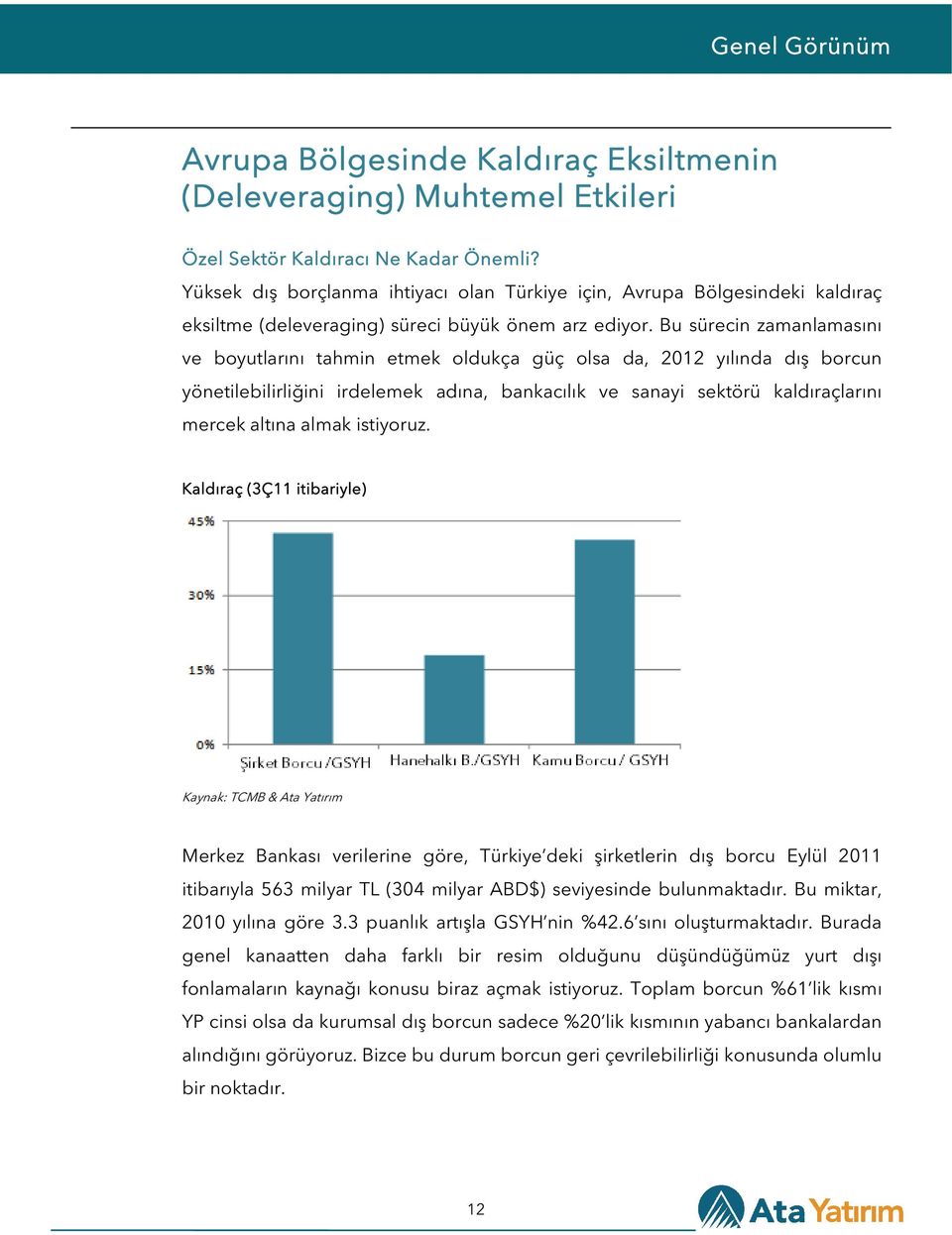 Bu sürecin zamanlamasını ve boyutlarını tahmin etmek oldukça güç olsa da, 2012 yılında dış borcun yönetilebilirliğini irdelemek adına, bankacılık ve sanayi sektörü kaldıraçlarını mercek altına almak