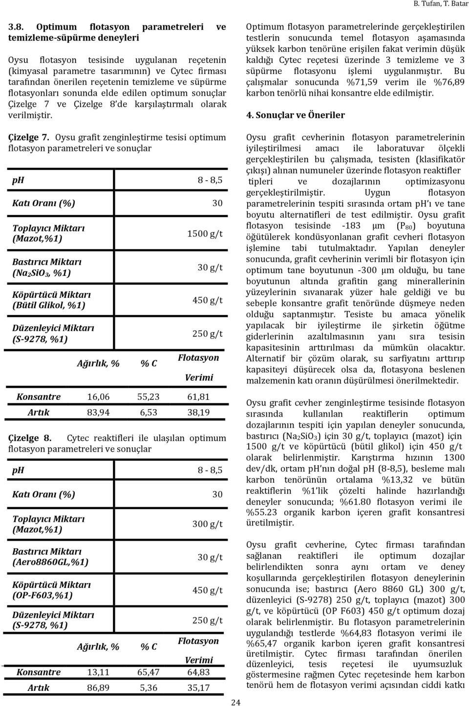 ve süpürme flotasyonları sonunda elde edilen optimum sonuçlar Çizelge 7 ve Çizelge 8 de karşılaştırmalı olarak verilmiştir.