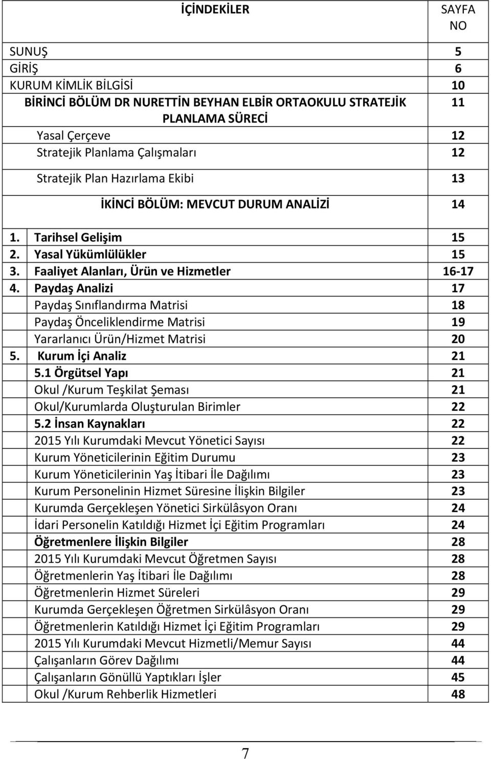 Paydaş Analizi 17 Paydaş Sınıflandırma Matrisi 18 Paydaş Önceliklendirme Matrisi 19 Yararlanıcı Ürün/Hizmet Matrisi 20 5. Kurum İçi Analiz 21 5.