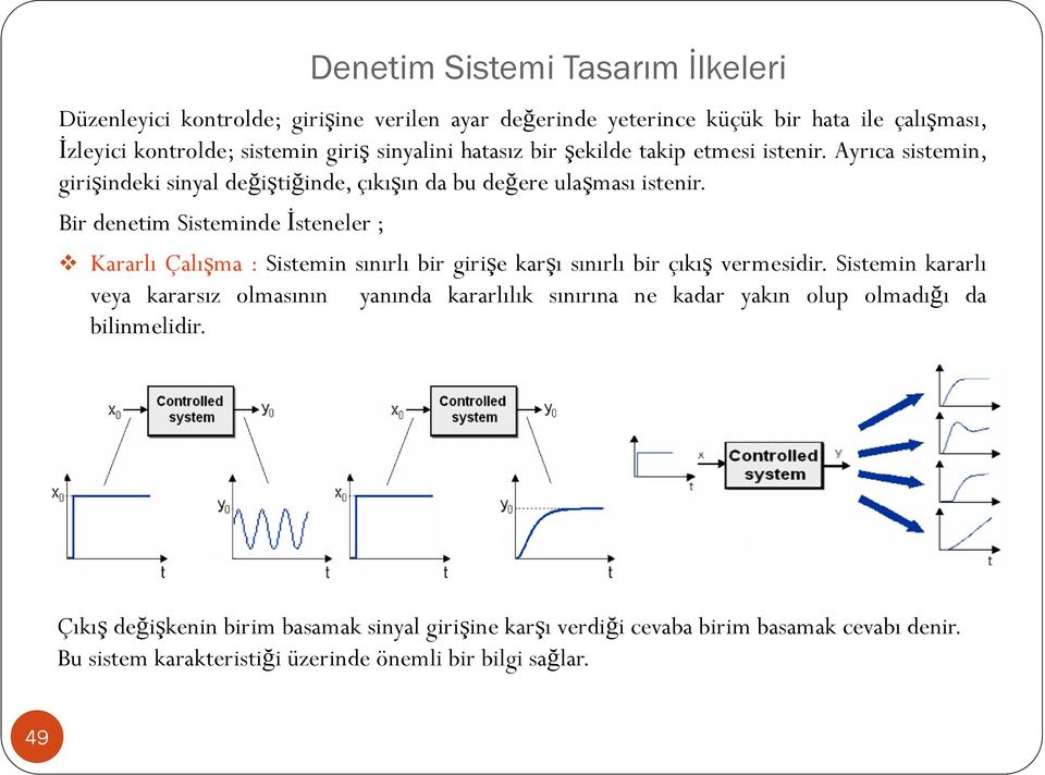 Bir denetim Sisteminde İsteneler ; Kararlı Çalışma : Sistemin sınırlı bir girişe karşı sınırlı bir çıkış vermesidir.