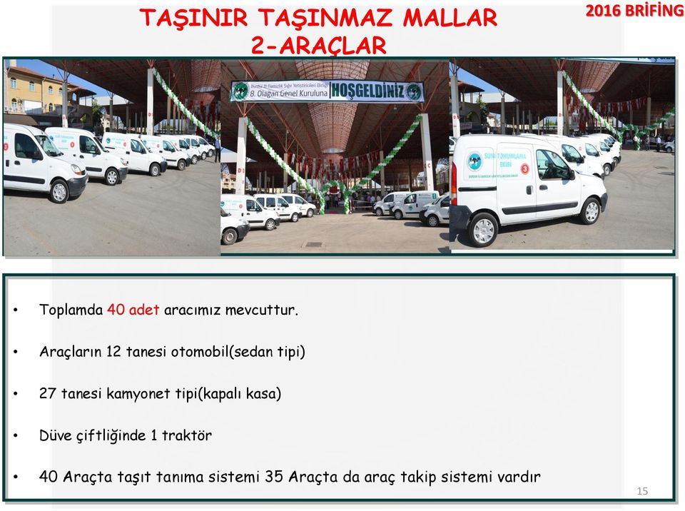 Araçların 12 tanesi otomobil(sedan tipi) 27 tanesi kamyonet