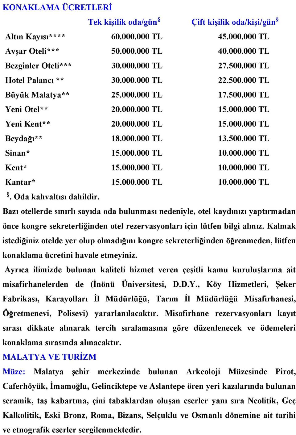 500.000 TL Sinan* 15.000.000 TL 10.000.000 TL Kent* 15.000.000 TL 10.000.000 TL Kantar* 15.000.000 TL 10.000.000 TL. Oda kahvaltısı dahildir.