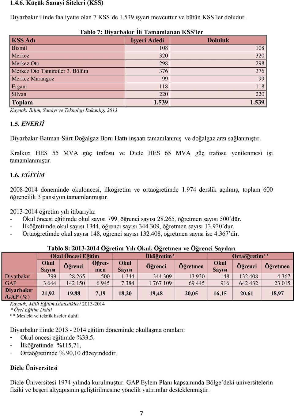 Bölüm 376 376 Merkez Marangoz 99 99 Ergani 118 118 Silvan 220 220 Toplam 1.539 1.539 Kaynak: Bilim, Sanayi ve Teknoloji Bakanlığı 2013 1.5. ENERJİ Diyarbakır-Batman-Siirt Doğalgaz Boru Hattı inşaatı tamamlanmış ve doğalgaz arzı sağlanmıştır.