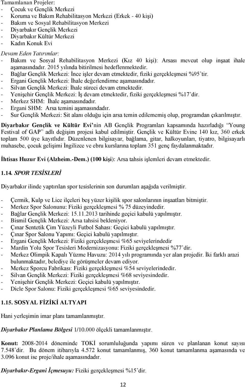 - Bağlar Gençlik Merkezi: İnce işler devam etmektedir, fiziki gerçekleşmesi %95 tir. - Ergani Gençlik Merkezi: İhale değerlendirme aşamasındadır.