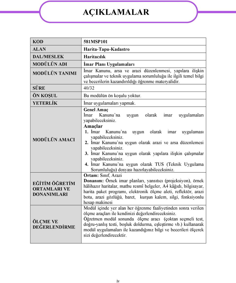 SÜRE 40/32 ÖN KOŞUL YETERLİK MODÜLÜN AMACI EĞİTİM ÖĞRETİM ORTAMLARI VE DONANIMLARI ÖLÇME VE DEĞERLENDİRME AÇIKLAMALAR Bu modülün ön koşulu yoktur. İmar uygulamaları yapmak.