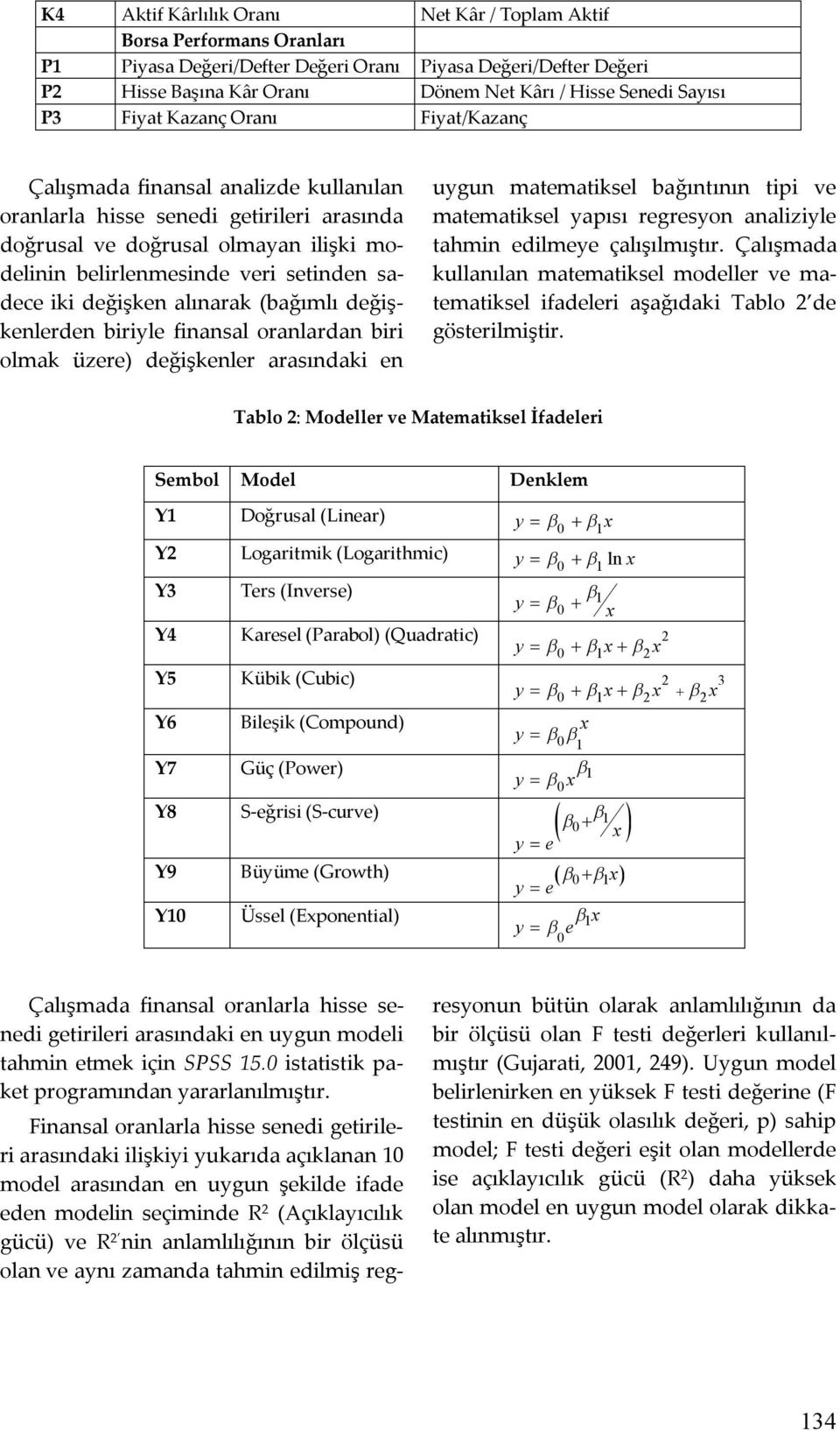 sadece iki değişken alınarak (bağımlı değişkenlerden biriyle finansal oranlardan biri olmak üzere) değişkenler arasındaki en uygun matematiksel bağıntının tipi ve matematiksel yapısı regresyon