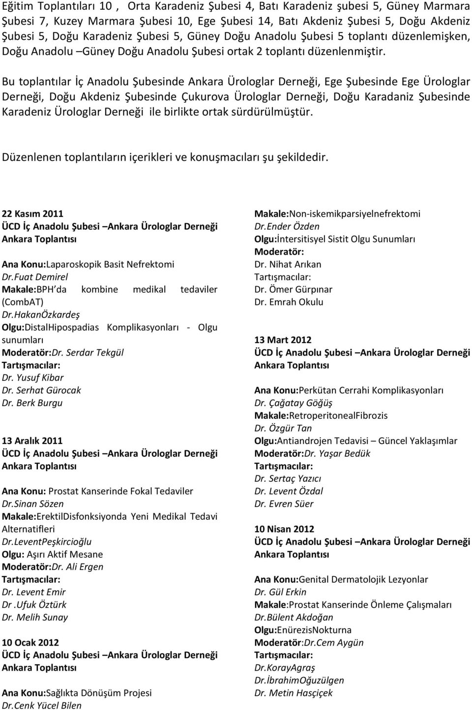 Bu toplantılar İç Anadolu Şubesinde Ankara Ürologlar Derneği, Ege Şubesinde Ege Ürologlar Derneği, Doğu Akdeniz Şubesinde Çukurova Ürologlar Derneği, Doğu Karadaniz Şubesinde Karadeniz Ürologlar