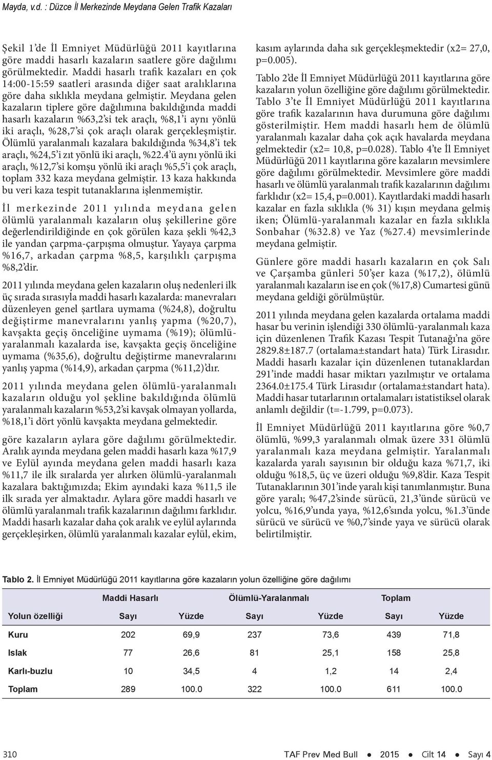 Meydana gelen kazaların tiplere göre dağılımına bakıldığında maddi hasarlı kazaların %63,2 si tek araçlı, %8,1 i aynı yönlü iki araçlı, %28,7 si çok araçlı olarak gerçekleşmiştir.