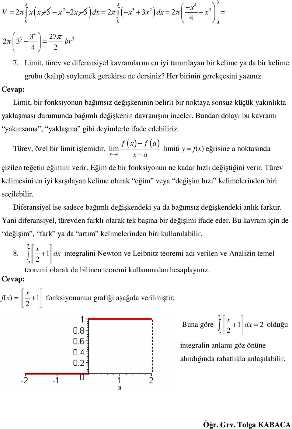 Bundan dolayı bu kavramı yakınsama, yaklaşma gibi deyimlerle ifade edebiliriz. f f a Türev, özel bir limit işlemidir. lim a a limiti y = f() eğrisine a noktasında çizilen teğetin eğimini verir.