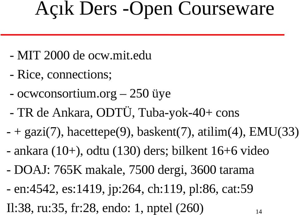 atilim(4), EMU(33) - ankara (10+), odtu (130) ders; bilkent 16+6 video - DOAJ: 765K makale, 7500