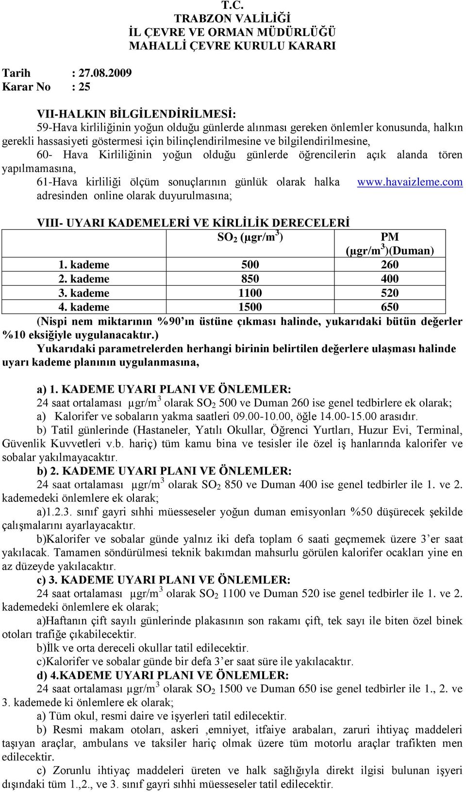 com adresinden online olarak duyurulmasına; VIII- UYARI KADEMELERİ VE KİRLİLİK DERECELERİ SO 2 (µgr/m 3 ) PM (µgr/m 3 )(Duman) 1. kademe 500 260 2. kademe 850 400 3. kademe 1100 520 4.