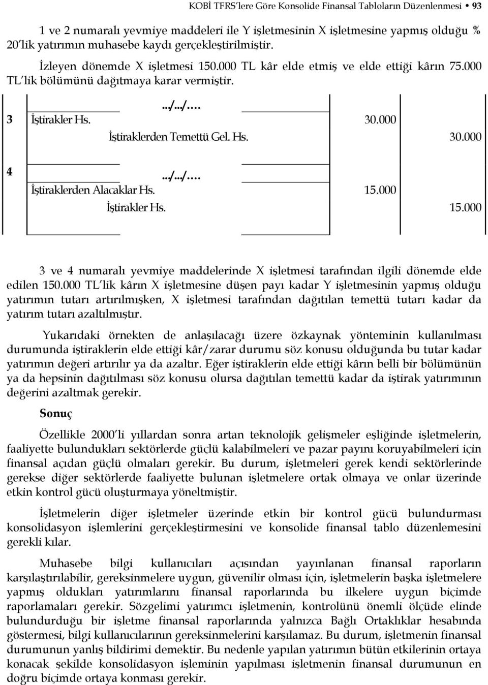 Hs. 30.000 4 İştiraklerden Alacaklar Hs. 15.000 İştirakler Hs. 15.000 3 ve 4 numaralı yevmiye maddelerinde X işletmesi tarafından ilgili dönemde elde edilen 150.