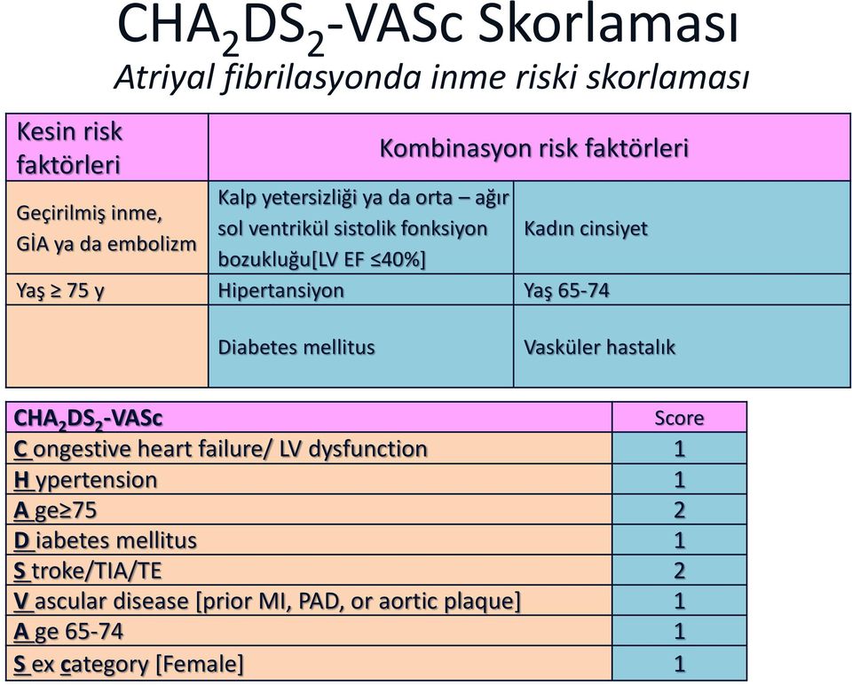Hipertansiyon Yaş 65-74 Diabetes mellitus Vasküler hastalık CHA 2 DS 2 -VASc C ongestive heart failure/ LV dysfunction 1 H ypertension 1