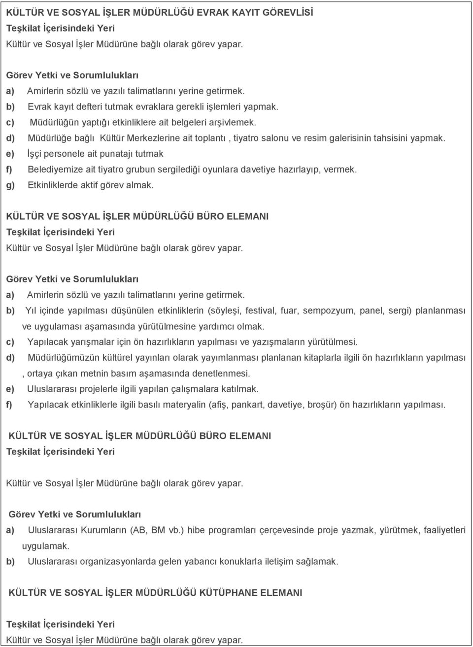 c) Müdürlüğün yaptığı etkinliklere ait belgeleri arşivlemek. d) Müdürlüğe bağlı Kültür Merkezlerine ait toplantı, tiyatro salonu ve resim galerisinin tahsisini yapmak.