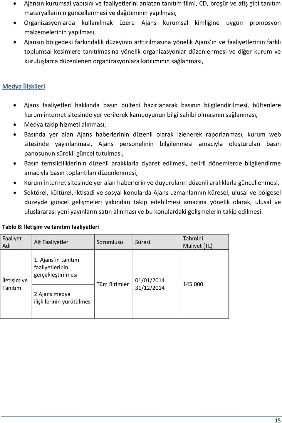 yönelik organizasyonlar düzenlenmesi ve diğer kurum ve kuruluşlarca düzenlenen organizasyonlara katılımının sağlanması, Medya İlişkileri Ajans faaliyetleri hakkında basın bülteni hazırlanarak basının