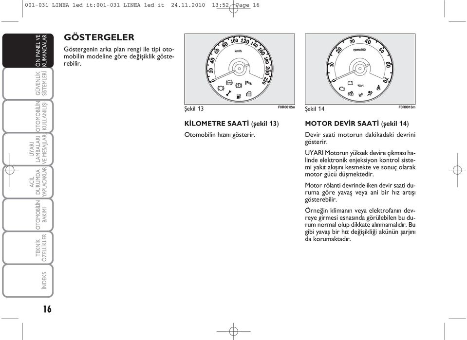 F0R0012m Þekil 14 F0R0013m MOTOR DEVÝR SAATÝ (şekil 14) Devir saati motorun dakikadaki devrini gösterir.