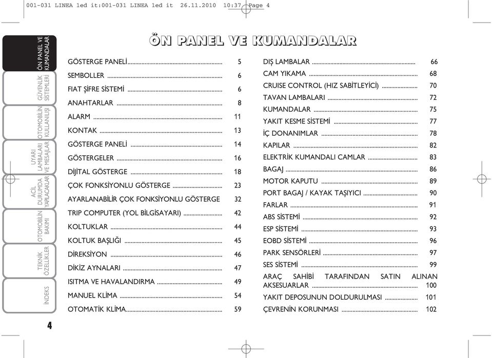 .. 23 AYARLANABÝLÝR ÇOK FONKSÝYONLU GÖSTERGE 32 TRIP COMPUTER (YOL BÝLGÝSAYARI)... 42 KOLTUKLAR... 44 KOLTUK BAÞLIÐI... 45 DÝREKSÝYON... 46 DÝKÝZ AYNALARI... 47 ISITMA VE HAVALANDIRMA.