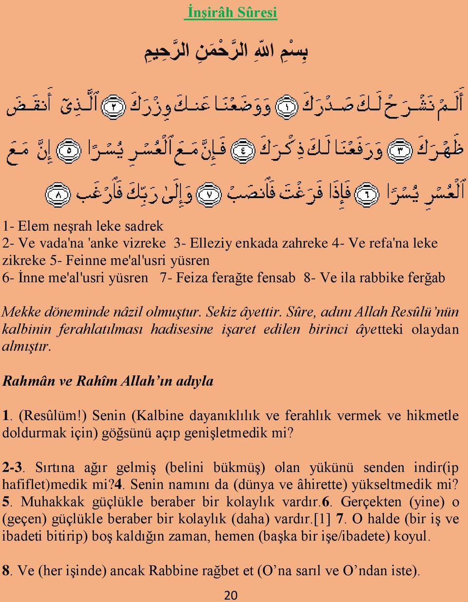 Sûre, adını Allah Resûlü nün kalbinin ferahlatılması hadisesine işaret edilen birinci âyetteki olaydan almıştır. Rahmân ve Rahîm Allah ın adıyla 1. (Resûlüm!