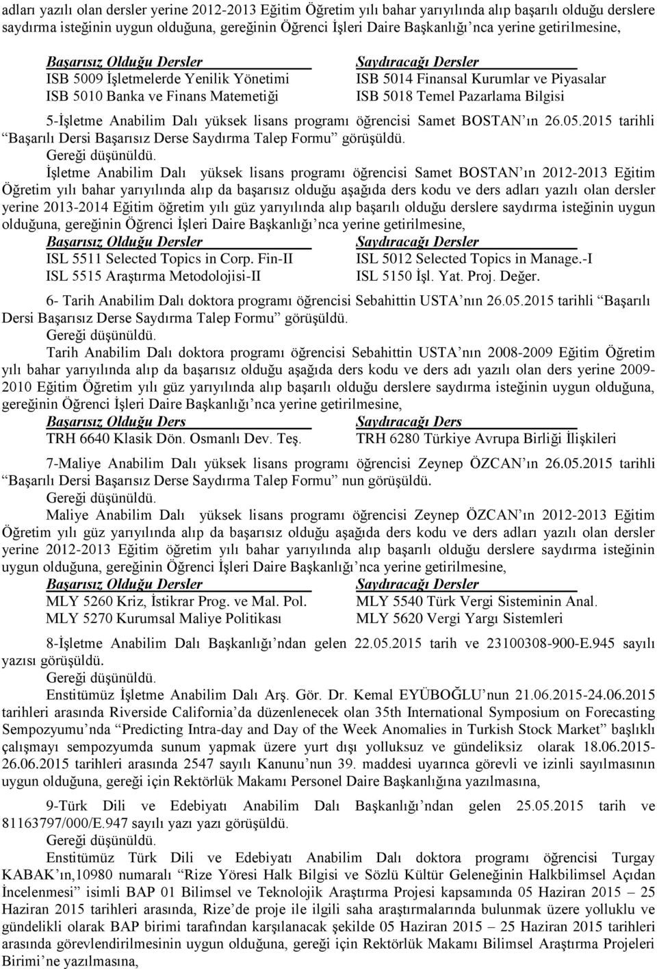 Bilgisi 5-İşletme Anabilim Dalı yüksek lisans programı öğrencisi Samet BOSTAN ın 26.05.2015 tarihli Başarılı Dersi Başarısız Derse Saydırma Talep Formu görüşüldü.