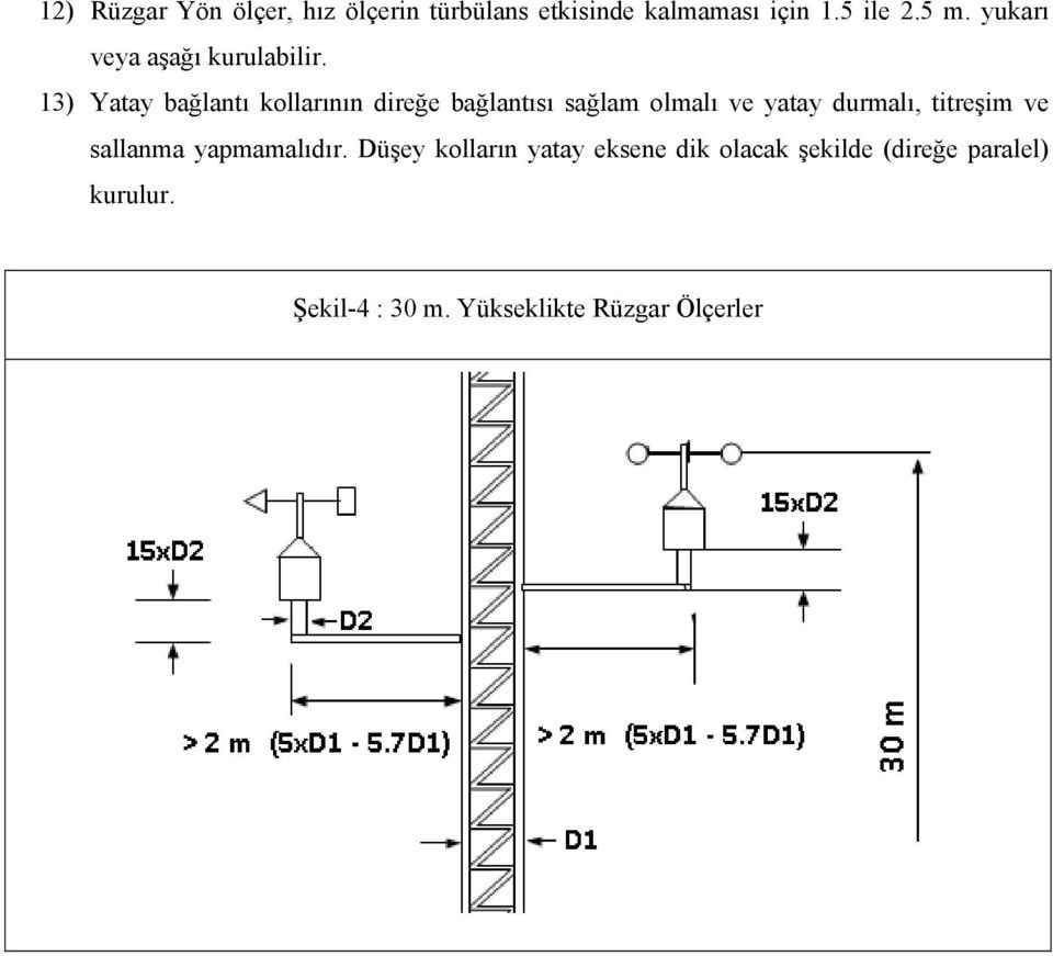 13) Yatay bağlantı kollarının direğe bağlantısı sağlam olmalı ve yatay durmalı,