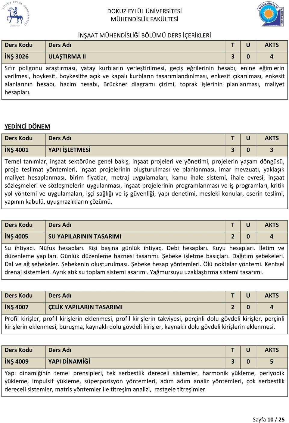 YEDİNCİ DÖNEM İNŞ 4001 YAPI İŞLETMESİ 3 0 3 Temel tanımlar, inşaat sektörüne genel bakış, inşaat projeleri ve yönetimi, projelerin yaşam döngüsü, proje teslimat yöntemleri, inşaat projelerinin