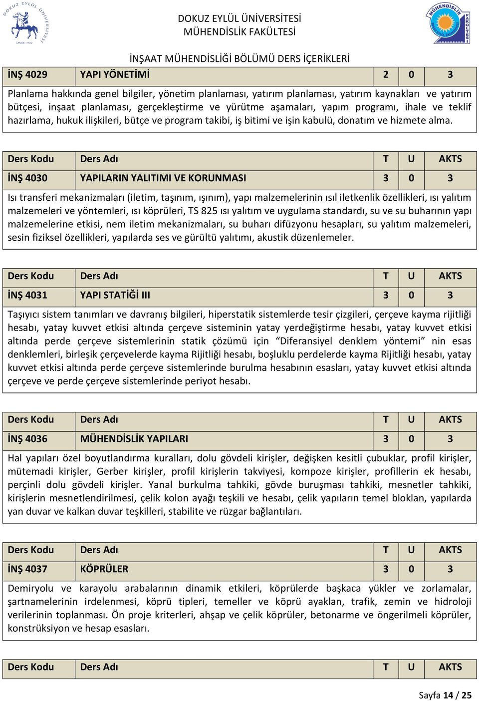 İNŞ 4030 YAPILARIN YALITIMI VE KORUNMASI 3 0 3 Isı transferi mekanizmaları (iletim, taşınım, ışınım), yapı malzemelerinin ısıl iletkenlik özellikleri, ısı yalıtım malzemeleri ve yöntemleri, ısı