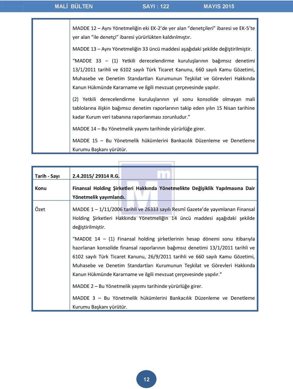 MADDE 33 (1) Yetkili derecelendirme kuruluşlarının bağımsız denetimi 13/1/2011 tarihli ve 6102 sayılı Türk Ticaret Kanunu, 660 sayılı Kamu Gözetimi, Muhasebe ve Denetim Standartları Kurumunun