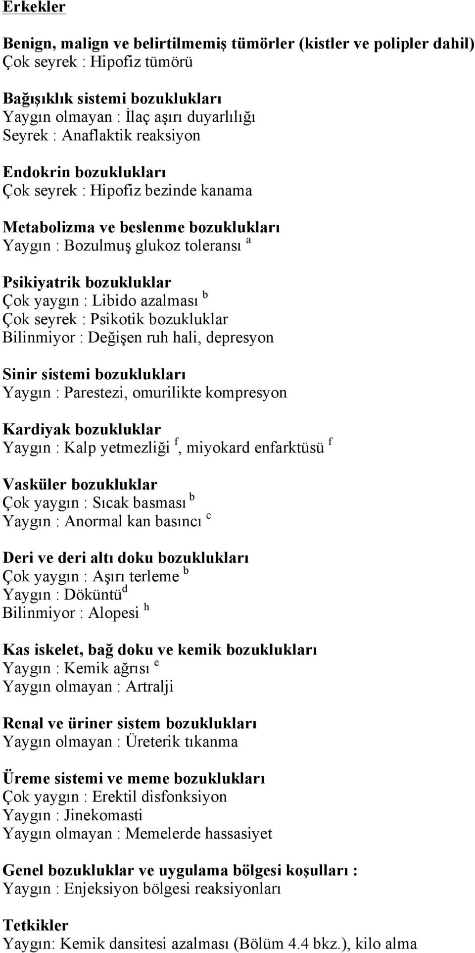 Çok seyrek : Psikotik bozukluklar Bilinmiyor : Değişen ruh hali, depresyon Sinir sistemi bozuklukları Yaygın : Parestezi, omurilikte kompresyon Kardiyak bozukluklar Yaygın : Kalp yetmezliği f,