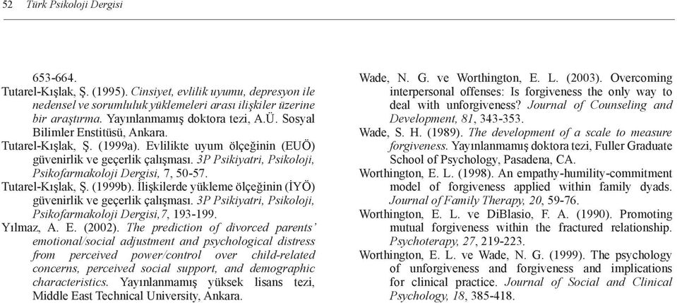 3P Psikiyatri, Psikoloji, Psikofarmakoloji Dergisi, 7, 50-57. Tutarel-Kışlak, Ş. (1999b). İlişkilerde yükleme ölçeğinin (İYÖ) güvenirlik ve geçerlik çalışması.