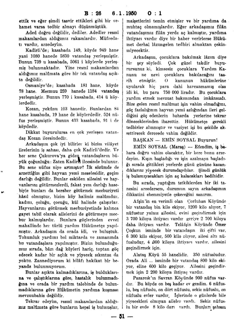 Yine resmî makamlardan aldığımız malûmata göre bir tek vatandaş açıkta değildir. Osmaniye'de; kasabada 181 hane, köyde 78 hane. Mecmuu 259 hanede 1184 vatandaş yerleşmiştir.