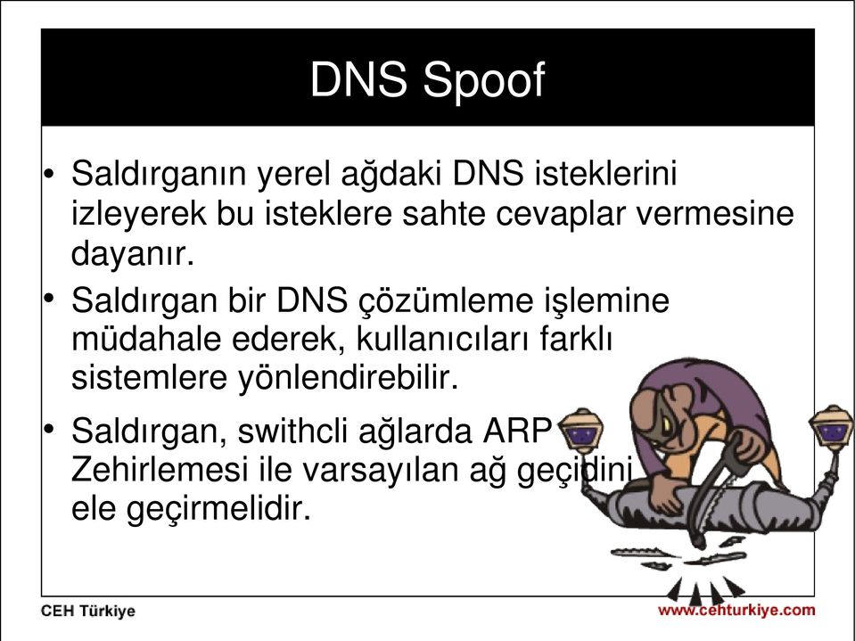 Saldırgan bir DNS çözümleme işlemine müdahale ederek, kullanıcıları farklı