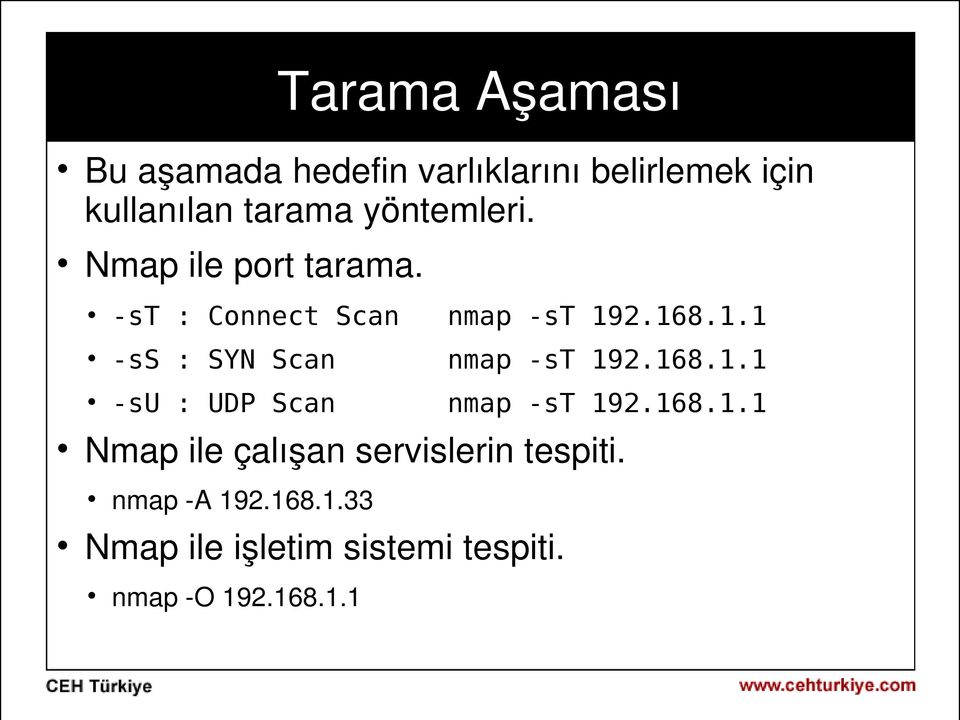 2.168.1.1 -ss : SYN Scan nmap -st 192.168.1.1 -su : UDP Scan nmap -st 192.168.1.1 Nmap ile çalışan servislerin tespiti.
