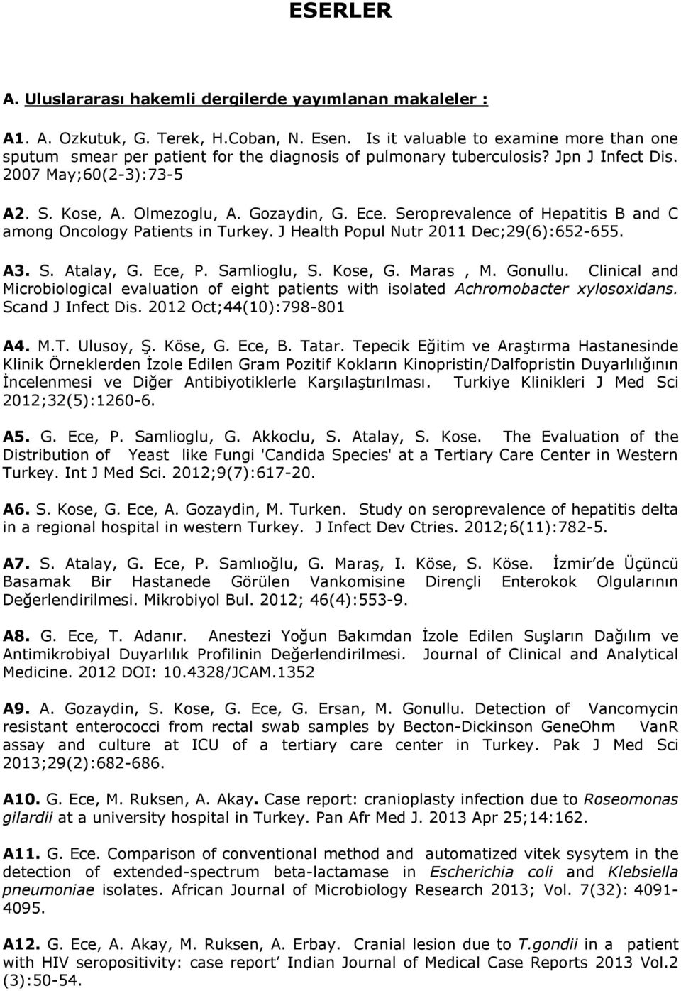 Seroprevalence of Hepatitis B and C among Oncology Patients in Turkey. J Health Popul Nutr 2011 Dec;29(6):652-655. A3. S. Atalay, G. Ece, P. Samlioglu, S. Kose, G. Maras, M. Gonullu.