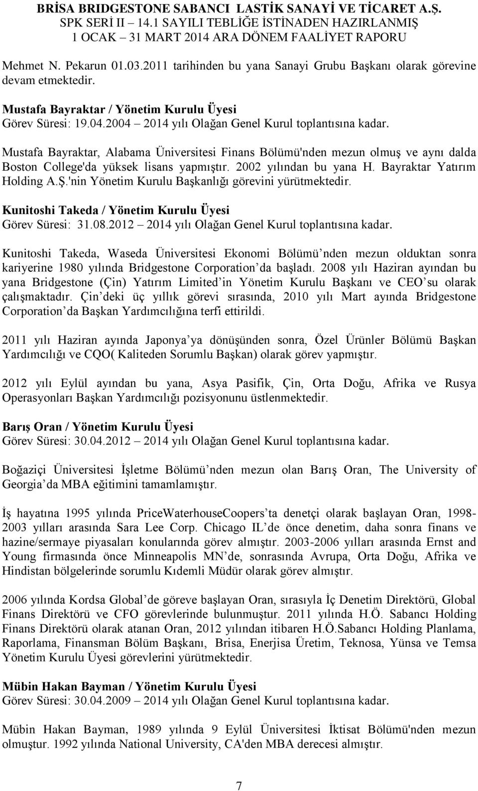2002 yılından bu yana H. Bayraktar Yatırım Holding A.Ş.'nin Yönetim Kurulu Başkanlığı görevini yürütmektedir. Kunitoshi Takeda / Yönetim Kurulu Üyesi Görev Süresi: 31.08.