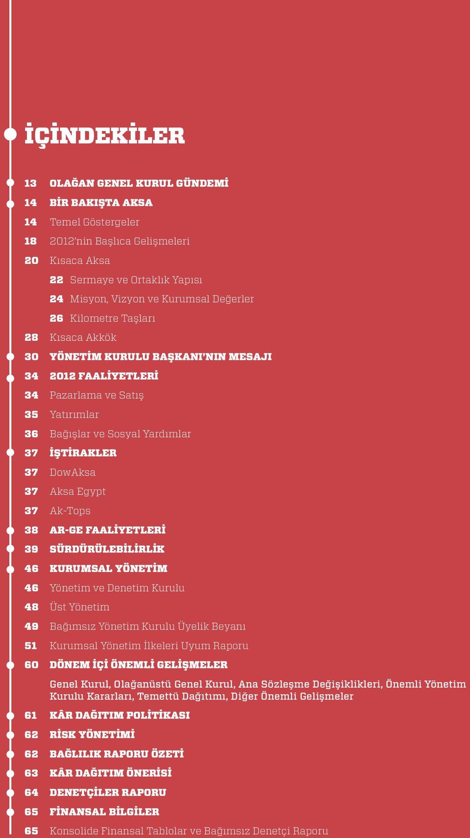 Egypt 37 Ak-Tops 38 AR-GE FAALİYETLERİ 39 SÜRDÜRÜLEBİLİRLİK 46 KURUMSAL YÖNETİM 46 Yönetim ve Denetim Kurulu 48 Üst Yönetim 49 Bağımsız Yönetim Kurulu Üyelik Beyanı 51 Kurumsal Yönetim İlkeleri Uyum