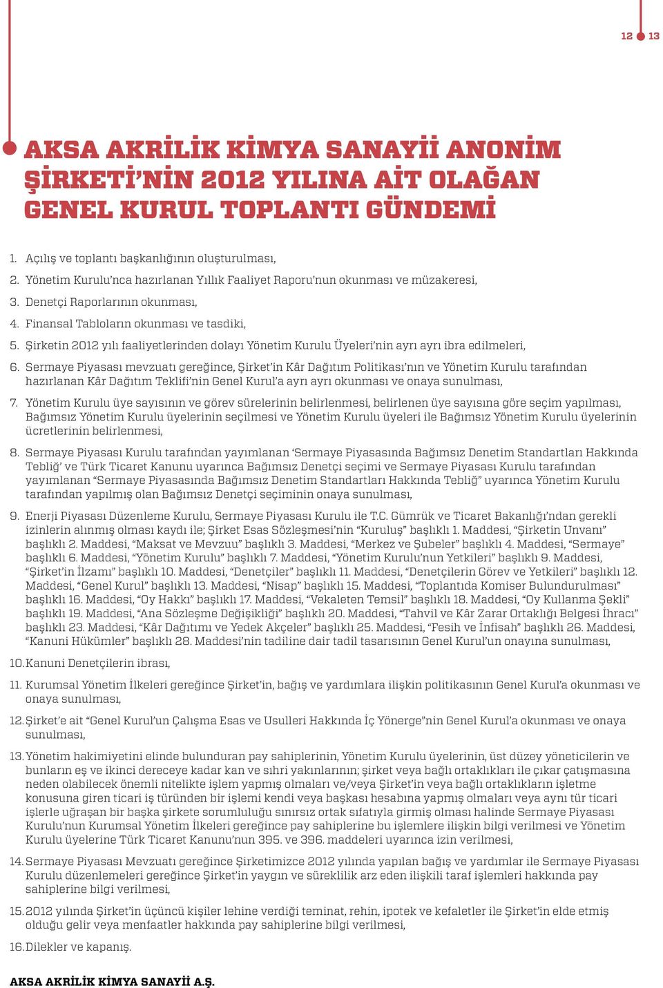 Şirketin 2012 yılı faaliyetlerinden dolayı Yönetim Kurulu Üyeleri nin ayrı ayrı ibra edilmeleri, 6.