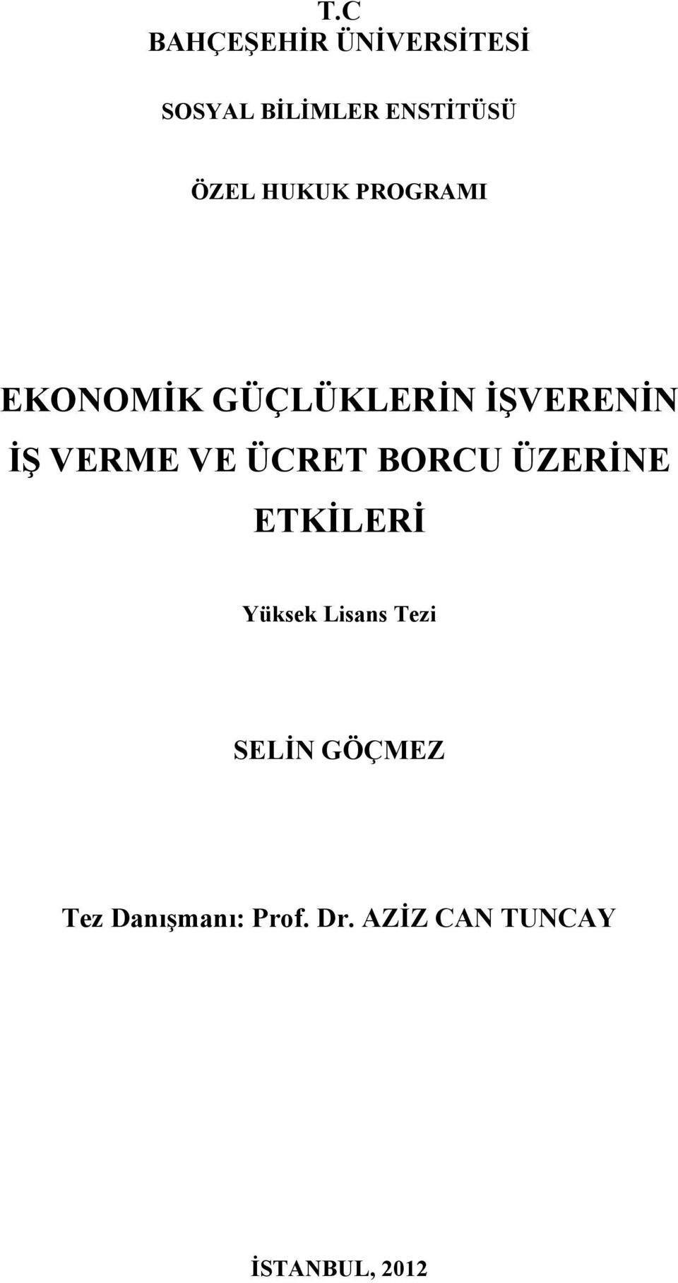 ÜCRET BORCU ÜZERİNE ETKİLERİ Yüksek Lisans Tezi SELİN