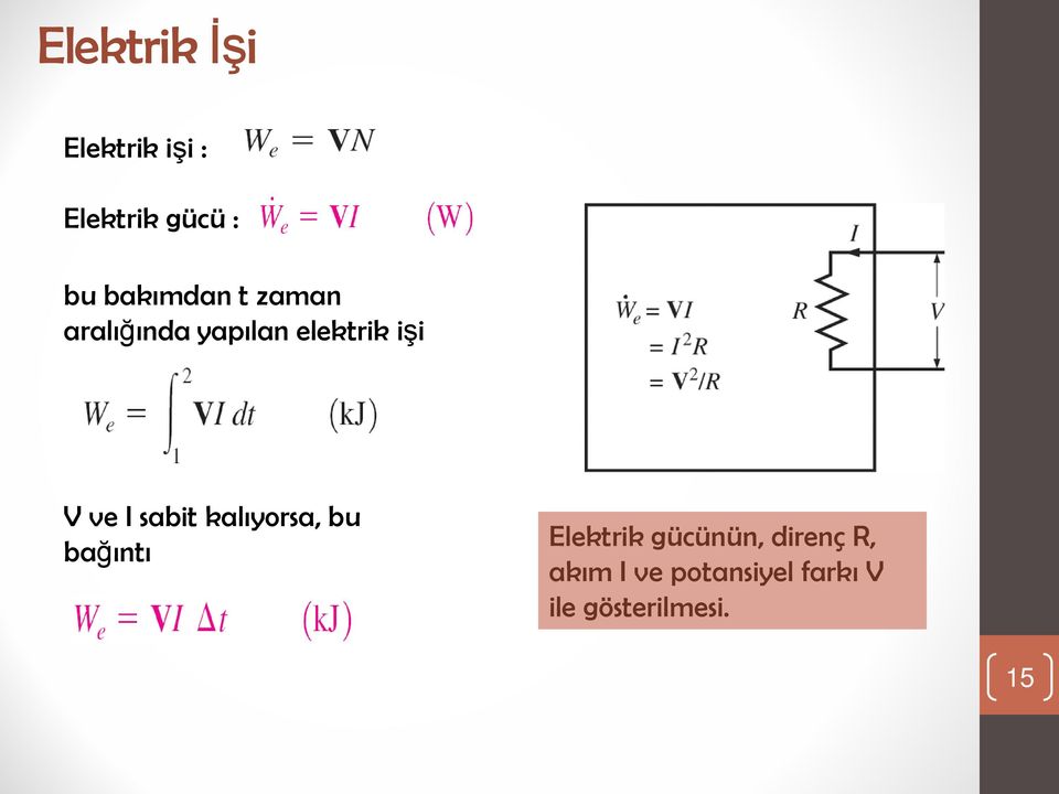 ve I sabit kalıyorsa, bu bağıntı Elektrik gücünün,