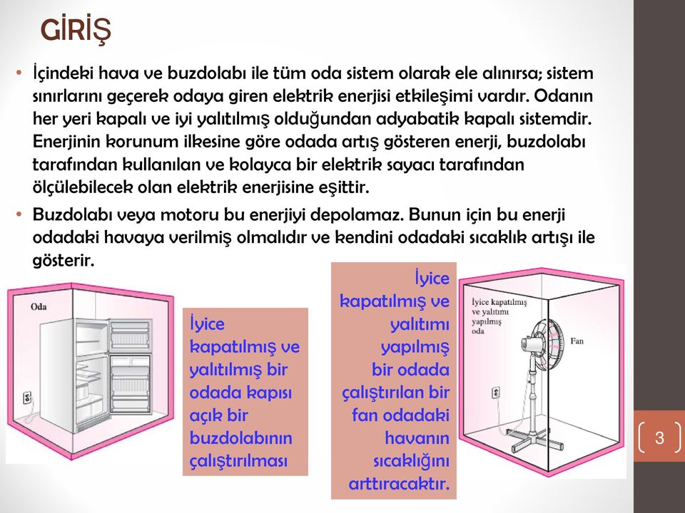 Enerjinin korunum ilkesine göre odada artış gösteren enerji, buzdolabı tarafından kullanılan ve kolayca bir elektrik sayacı tarafından ölçülebilecek olan elektrik enerjisine eşittir.